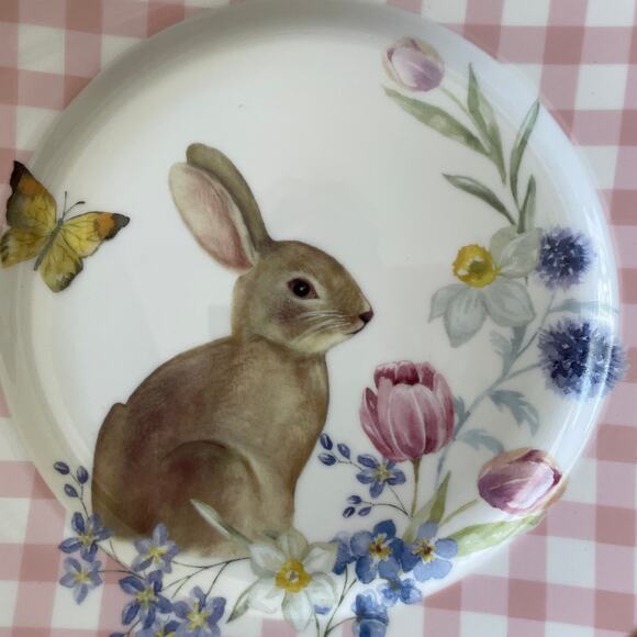 Grace Teaware Bunny Floral Pink Gingham 8in Side Salad Plates Set of 4 NEW - Picture 3 of 12